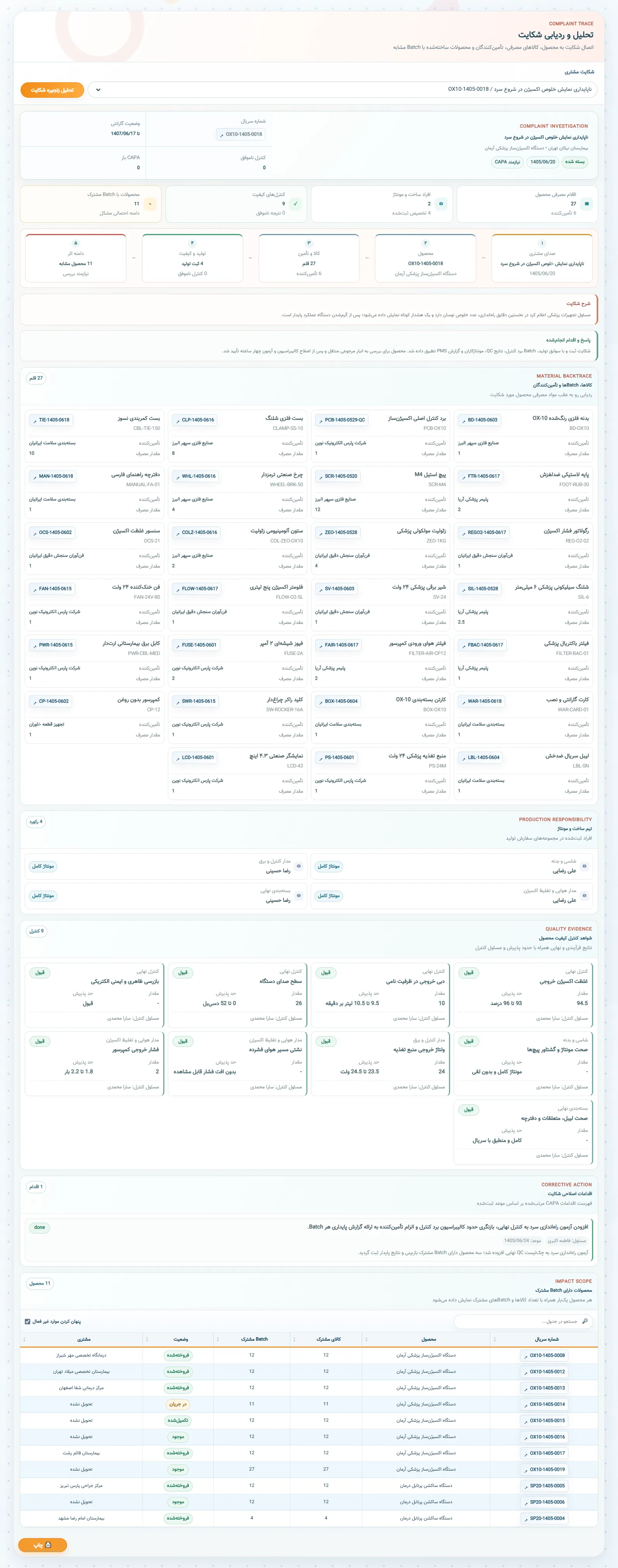 گزارش تحلیل شکایت و ارتباط آن با محصول، مواد، کیفیت و خدمات TraceFlow