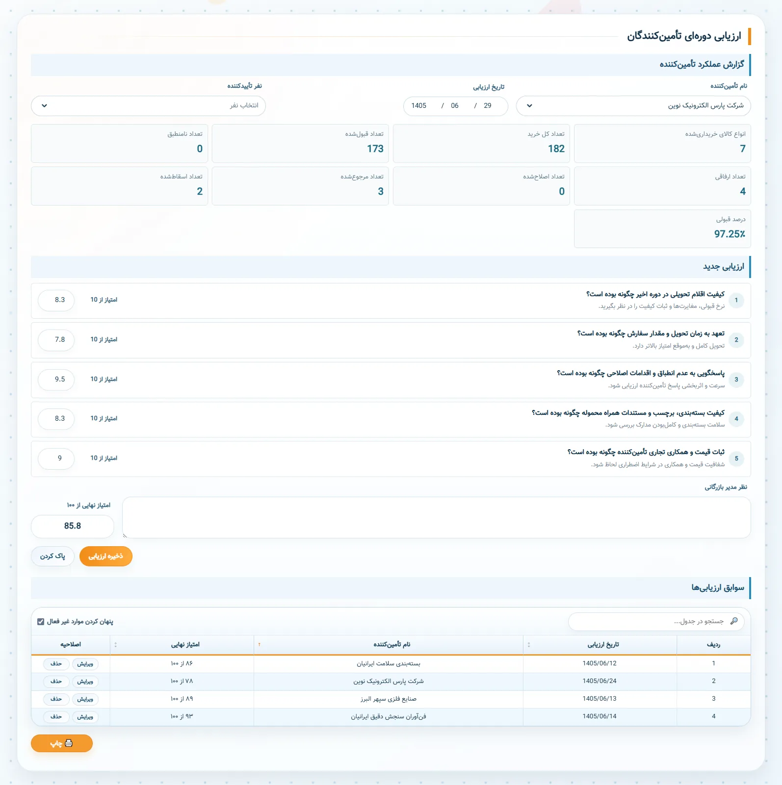 گزارش معیارها، امتیاز و سابقه ارزیابی تأمینکننده در TraceFlow